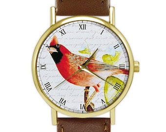 Vintage Cardinal Bird Watch | Red | Leather Watch | Ladies Watch | Men's Watch | Unisex | Gift Idea | Fashion Accessory |