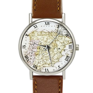 vintage carte de l'ESPAGNE | Carte de l'Europe | Montre femme | Montre homme | Cadeau de voyage | Anniversaire | Mariage | Idées cadeaux | Accessoires de mode