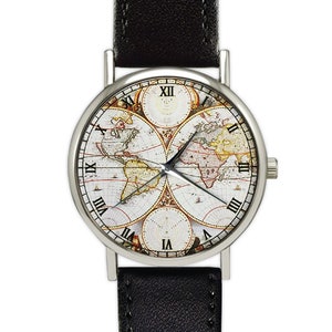 Vintage World Map Watch | Classic Style | Leather Watch | Ladies Watch | Men's Watch | Jewelry | Travel Gift |