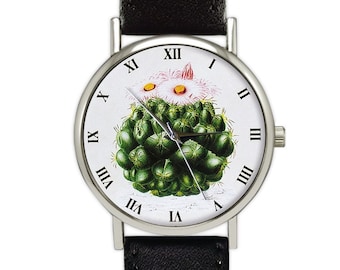 Cactus vintage avec fleurs | Montre en cuir | Montre femme | Montre homme | Anniversaire | Mariage | Idées cadeaux | Accessoires de mode