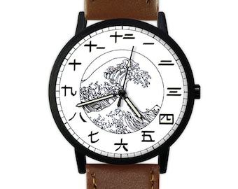 Montre Grande vague au large de Kanagawa avec chiffres japonais | Montre femme | Montre homme | Cadeau d'anniversaire | Idées cadeaux | Bijoux |