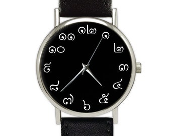 Thai Numerals / Numbers Watch | Black Face Watch Minimalist | Leather Watch | Ladies Watch | Men's Watch | Birthday Gift Ideas | Accessories