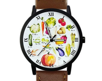 Vegetables Watch | Vintage Style | Kitchen | Chef Leather Watch | Ladies Watch | Unisex Watch | Gift Idea | Jewelry | Fashion Accessory |