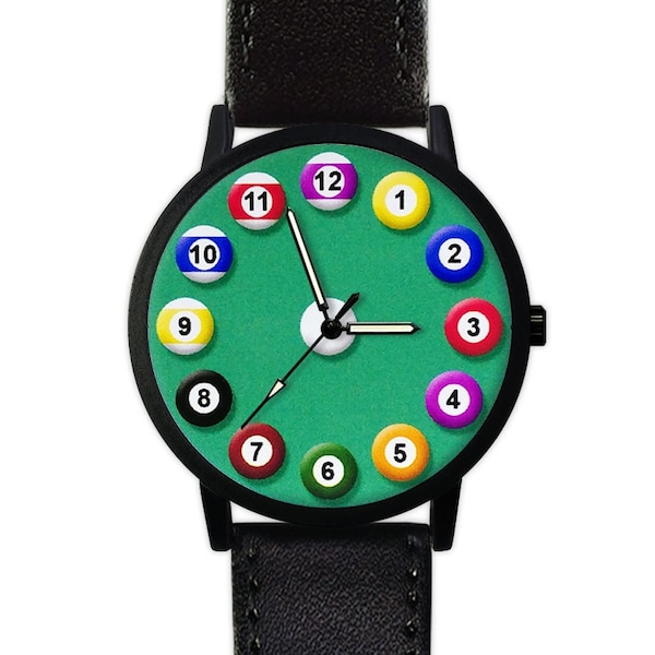 Montre boules de billard | Horloge de billard (verte) | Montre en cuir | Montre femme | Montre homme | Sport | Idée cadeau d'anniversaire | Accessoire