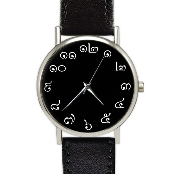 Thai Numerals / Numbers Watch | Black Face Watch Minimalist | Leather Watch | Ladies Watch | Men's Watch | Birthday Gift Ideas | Accessories