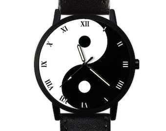 Montre symbole Yin Yang | Noir et blanc | Montre en cuir | Montre femme | Montre pour hommes | Anniversaire | Mariage | Idées cadeaux | Accessoires de mode