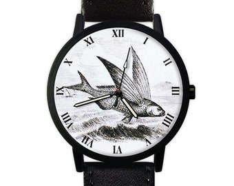 Vintage Flying Fish Watch | Marine Life | Classic Style | Leather Watch | Ladies Watch | Men's Watch | Unisex | Birthday | Fashion Accessory