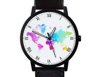 Colorful World Map Watch | Travel Gift | Cartography | Leather Watch | Ladies Watch | Men's Watch | Birthday | Gift Ideas |