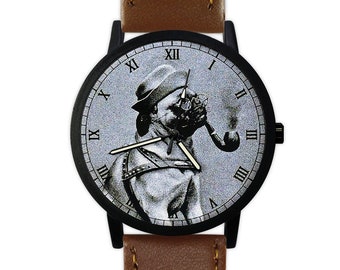 Vintage Dog Smoking Watch | Leather Watch | Ladies Watch | Men's Watch | Gift for Her |  Birthday | Wedding | Gift Ideas |