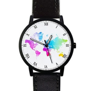 Colorful World Map Watch | Travel Gift | Cartography | Leather Watch | Ladies Watch | Men&#39;s Watch | Birthday | Gift Ideas |