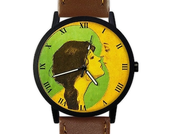 Fille embrassant la montre de lune | Montre Croissant de Lune | style vintage | Montre en cuir | Montre femme | Montres pour femmes | Anniversaire | Idées de cadeau