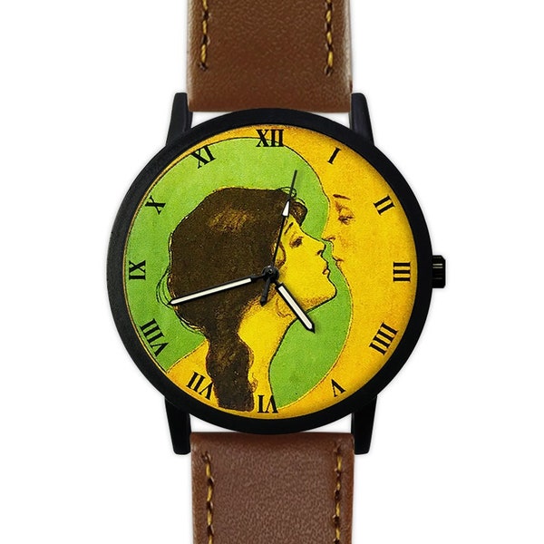 Girl Kissing the Moon Watch | Crescent Moon Watch | Vintage Style | Leather Watch | Ladies Watch | Women's Watches | Birthday | Gift Ideas