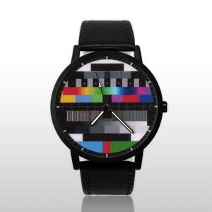 TV Test Pattern Watch, No Signal, Retro SMPTE Color Bars Timepiece, Vintage Television Broadcast Gift, Analog Mid Century Nerd Accessory