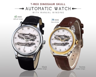 T-Rex Skull Automatic Watch | 42mm Silver Tone Black Leather Strap or 38mm Two-Tone Brown Strap | Paleontology Gift for Men, Geologists