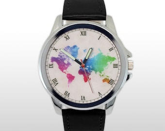 Colorful Watercolor World Map Watch, Rainbow Globe Wristwatch, Vibrant Travel Jewelry, Unique Aesthetic Wanderlust Gift, Earth Art Timepiece