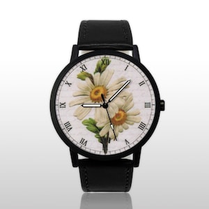 Montre fleur marguerite, montre-bracelet botanique, bijoux d'art floral, cadeau pour amoureux de la nature, montre Marguerite blanche, accessoire de jardin de style vintage