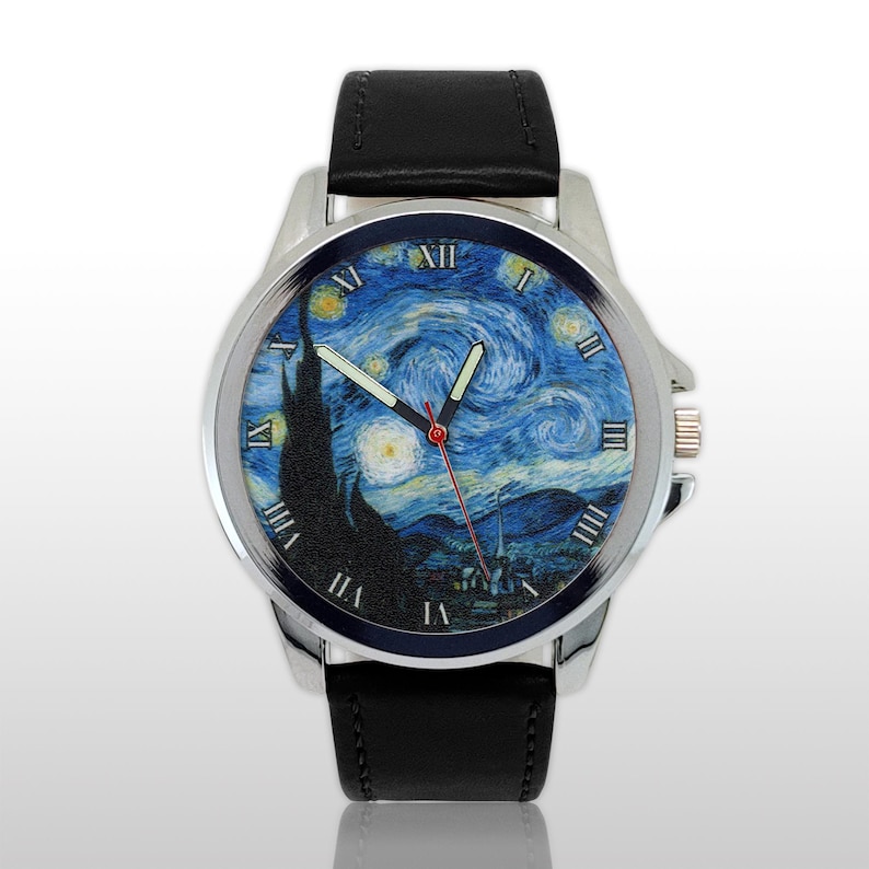 Van Gogh Starry Night Watch, Art History Gift for Artist, Vincent Painting Wristwatch, Aesthetic Fine Blue Impressionist Jewelry, Men Women image 1