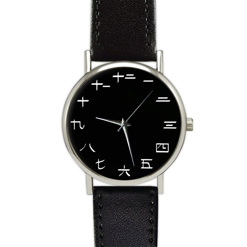 Montre à chiffres/chiffres japonais Montre à visage noir Minimaliste Montre en cuir Montre femme Montre pour hommes Idées cadeaux Bijoux image 1