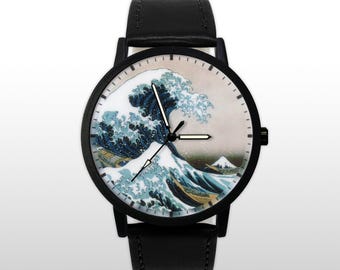 The Great Wave off Kanagawa Watch, Japanese Art Wristwatch, Hokusai Woodblock Print, Minimalist Round Analog Timepiece, Unique Unisex Gift