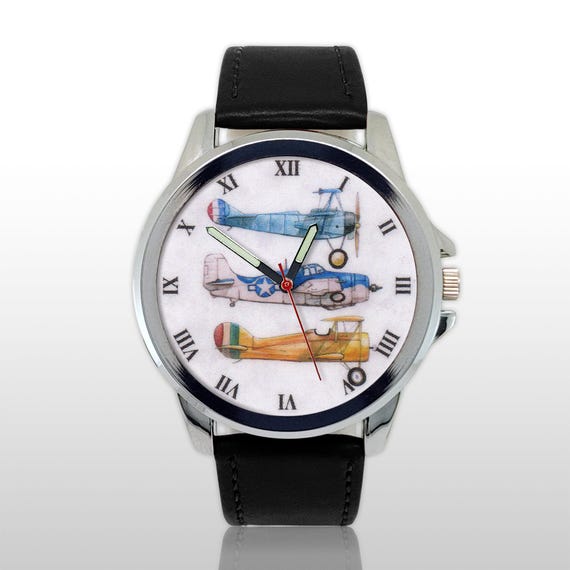 Aviation Watch, Vintage Watercolor Airplane Art, Pilot Gift, Quartz Wristwatch, Retro Flying Machine Jewelry, Unique Plane Lover Timepiece