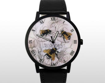 Honey Bee Watch, Bumblebee Wristwatch, Nature Lover Gift, Vintage Style Illustration, Unique Insect Art Accessory, Beehive Timepiece