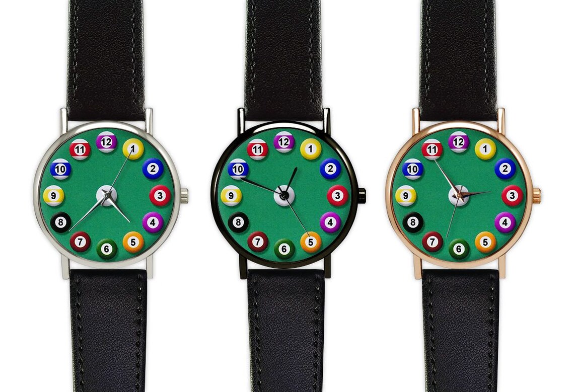 Billiard Balls Watch Pool Table Clock Green Leather Etsy