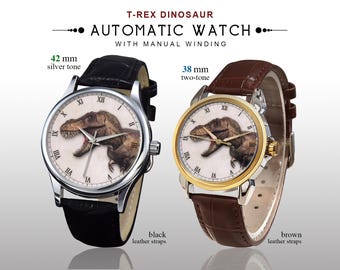 T-Rex Dinosaur Automatic Watch | Men's 42mm Silver Tone Black Leather Strap or Women's 38mm Two-Tone Brown | Paleontologist, Dino Lover