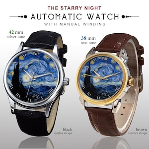 May include: Two automatic watches with manual winding. The watch faces feature a starry night design. One watch has a 4.2 cm silver tone case and black leather straps. The other has a 3.8 cm two-tone case and brown leather straps.