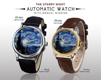 Starry Night Automatic Watch: Van Gogh Fine Art, Leather Strap