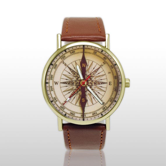 Vintage Compass Watch, Nautical Wristwatch, Map Rose Clock, Explorer Gift, Mens Women Jewelry, Travel Accessory, Antique Style, Unique Dial