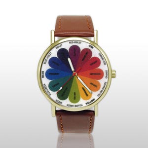 Montre d'artiste avec roue chromatique, cadeau de peintre, accessoire pour professeur d'art, théorie créative, primaire secondaire tertiaire, cadran, pièce d'horlogerie de créateur unique
