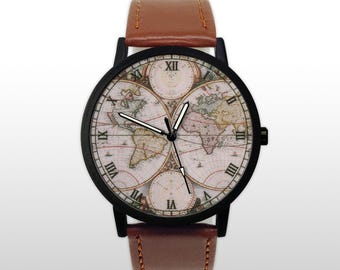 Antique World Map Watch, Vintage Hemispheres Globe Wristwatch, Unisex Cartography Travel Gift, Wanderlust Timepiece, Unique Explorer Art