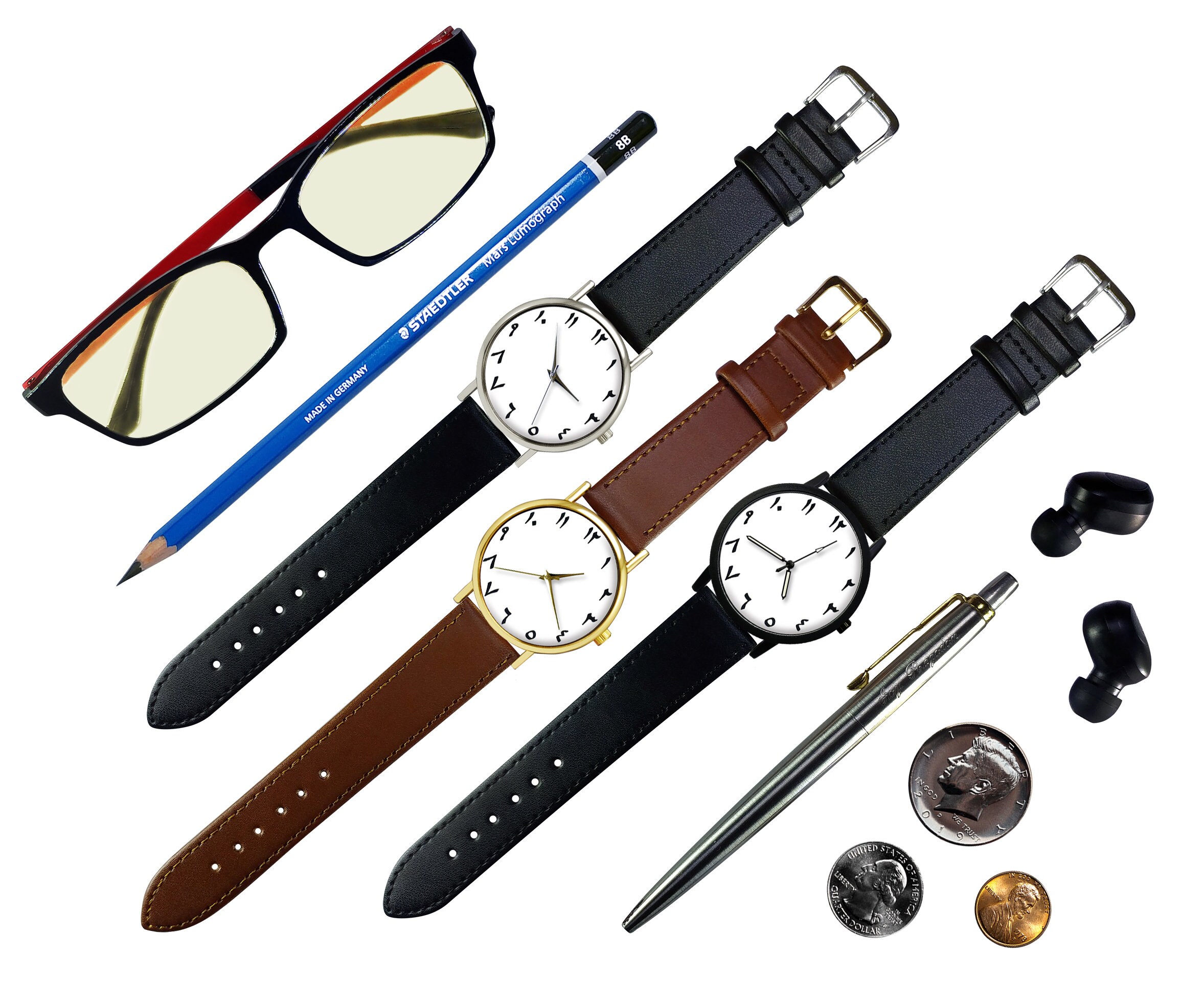 アラビア数字ウォッチ：ミニマルなホワイトフェイス、レザーバンド