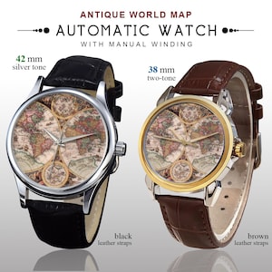 May include: Two automatic watches with world map faces. One has a 42 mm silver tone case and black leather straps. The other has a 38 mm two-tone case and brown leather straps. The watches have manual winding.