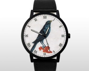 Raven Bird Watch, Crow Art Timepiece, Dark Gothic Jewelry, Nature Lover Gift, Corvid Wristwatch, Animal Illustration, Unique Black Accessory