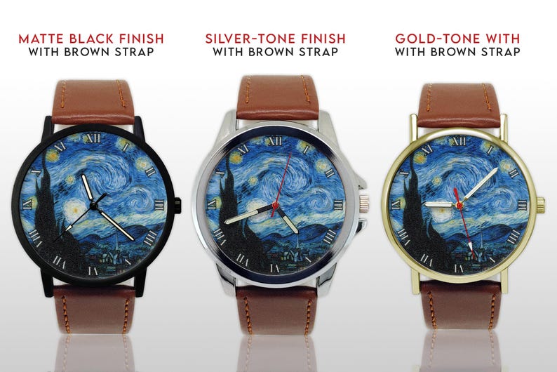 Van Gogh Starry Night Watch, Art History Gift for Artist, Vincent Painting Wristwatch, Aesthetic Fine Blue Impressionist Jewelry, Men Women image 4