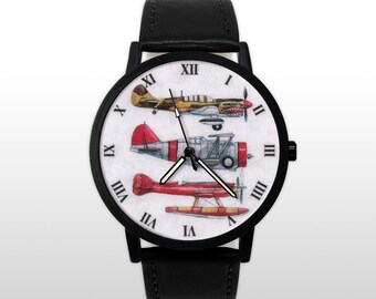 Vintage Airplane Quartz Watch, Pilot Wristwatch, Flying Aircraft Illustration, Aviation Art Timepiece, Nose Art Accessory, Flight Gift