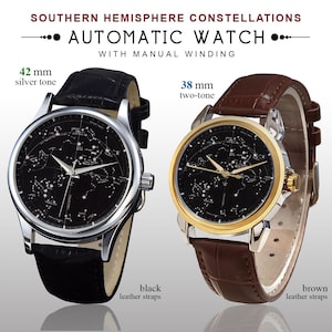 May include: Two automatic watches with manual winding. One has a 42 mm silver tone case and black leather straps. The other has a 38 mm two-tone case and brown leather straps. Both watches feature a black dial with a constellation design.