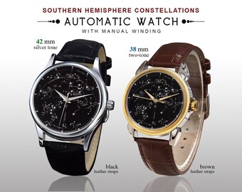 Southern Constellation Watch, Automatic Watch, 42mm Silver Tone Black Leather, 38mm Two-Tone Brown Leather, Star Map Dial, Celestial Gift