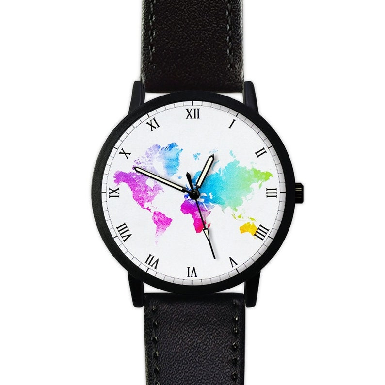 Colorful World Map Watch Travel Gift Cartography Leather Watch Ladies Watch Men's Watch Birthday Gift Ideas image 1