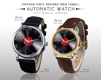 Vintage Vinyl Record Automatic Watch | Red Label | LP Record Dial | Music Lover Gift | Fashion Accessory