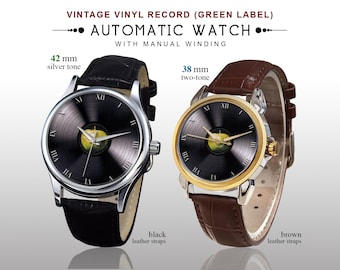 Vintage Vinyl Record Automatic Watch | Green Label | LP Record Dial | Music Lover Gift | Fashion Accessory