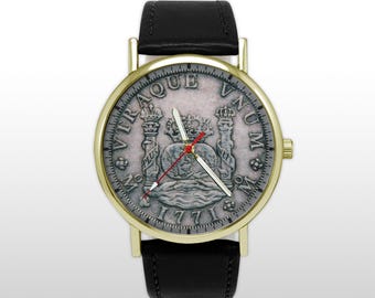 Spanish Columnar Dos Mundos Coin Watch, Pillar Dollar Timepiece, Numismatic Jewelry, World Traveler Gift, Mens Quartz, History Art