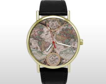 Antique World Map Watch, Vintage Hemispheres Globe Timepiece, Traveler Gift, Mens Unisex Wristwatch, Old Cartography Art, Geography Jewelry