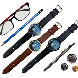 Van Gogh Starry Night Watch, Art History Gift for Artist, Vincent Painting Wristwatch, Aesthetic Fine Blue Impressionist Jewelry, Men Women image 2