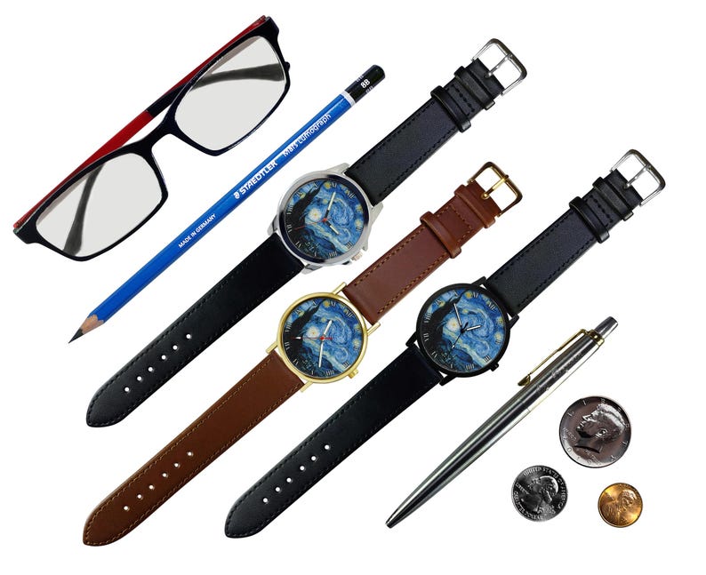 Van Gogh Starry Night Watch, Art History Gift for Artist, Vincent Painting Wristwatch, Aesthetic Fine Blue Impressionist Jewelry, Men Women image 2