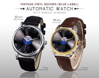 Vintage Vinyl Record Automatic Watch | Blue Label | LP Record Dial | Music Lover Gift | Fashion Accessory