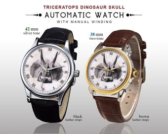 Triceratops Skull Automatic Watch | 42mm Silver Tone Black Leather Strap or 38mm Two-Tone Brown Strap | Paleontology Gift for Men, Geologist