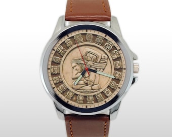 Mayan Calendar Watch, Sun Stone Jewelry, Aztec Glyph Wristwatch, Ancient Mexico Art, Tribal Culture Gift, Handcrafted Aesthetic Accessories