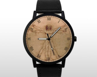 Leonardo Da Vinci Vitruvian Man Watch, Renaissance Art History Wristwatch, Fine Artist Gift, Anatomy Illustration Jewelry, Unisex Accessory